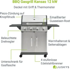 Juskys Gasgrill Kansas Mit 4 Brenner 12 KW, BBQ Grill Mit Gusseisen-Grillrost, Warmhalterost & Thermometer, XL Grillwagen 2 Seitenablagen & 4 Räder 20 Juskys Gasgrill Kansas Mit 4 Brenner 12 KW, BBQ Grill Mit Gusseisen-Grillrost, Warmhalterost & Thermometer, XL Grillwagen 2 Seitenablagen & 4 Räder -Grünwelt Exporteren Garten-Winkel 512718e5cff95adc0924ddb2f3d40a5d