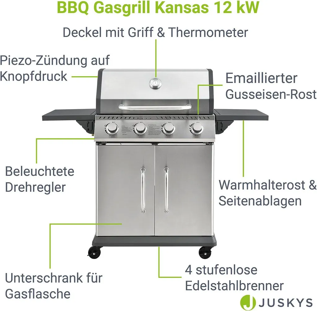 Juskys Gasgrill Kansas Mit 4 Brenner 12 KW, BBQ Grill Mit Gusseisen-Grillrost, Warmhalterost & Thermometer, XL Grillwagen 2 Seitenablagen & 4 Räder 3 Juskys Gasgrill Kansas Mit 4 Brenner 12 KW, BBQ Grill Mit Gusseisen-Grillrost, Warmhalterost & Thermometer, XL Grillwagen 2 Seitenablagen & 4 Räder – Bild 3