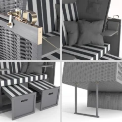 Sanzaro Strandkorb XL120 Cm Deluxe Zweisitzer Holz Und Poly-Rattan Volllieger 4 X Kissen Klappbare Rückenlehne 2 Personen Grau-Weiss Blockstreifen -Grünwelt Exporteren Garten-Winkel 53dce190c29088b2f5ab44d9b5f90a35