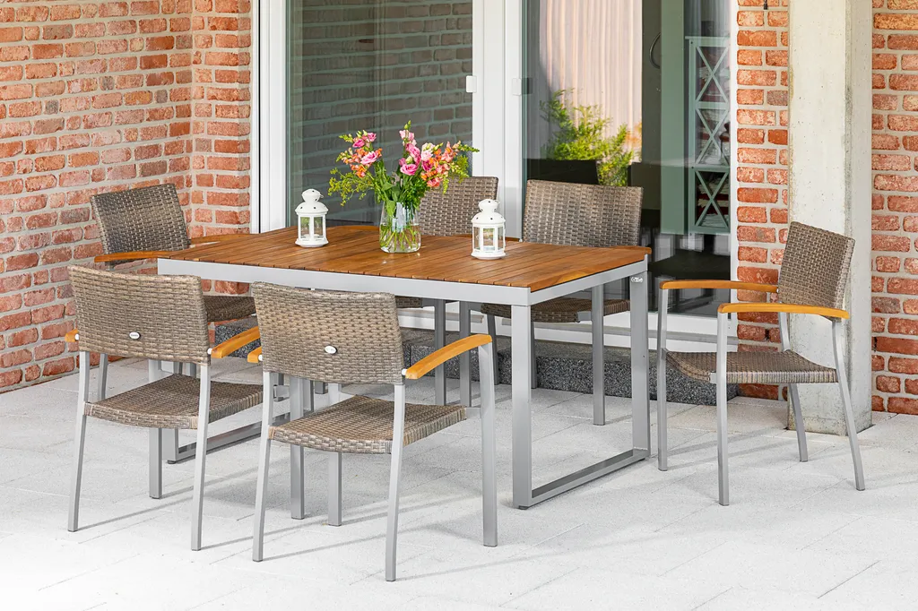Merxx Gartenmöbelset "Silano" 7tlg. Mit Ausziehtisch 150/200 X 90 Cm - Aluminiumgestell Silber Mit Kunststoffgeflecht Graubeige Und Akazienholz 1 Merxx Gartenmöbelset "Silano" 7tlg. Mit Ausziehtisch 150/200 X 90 Cm - Aluminiumgestell Silber Mit Kunststoffgeflecht Graubeige Und Akazienholz