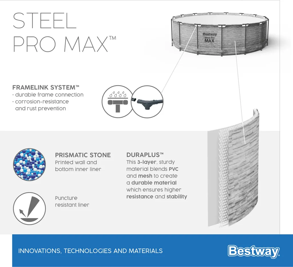 Bestway® Steel Pro MAX™ Aufstellpool Komplett-Set Mit Filterpumpe Ø 549 X 122 Cm, Steinwand-Optik (Cremegrau), Rund 18 Bestway® Steel Pro MAX™ Aufstellpool Komplett-Set Mit Filterpumpe Ø 549 X 122 Cm, Steinwand-Optik (Cremegrau), Rund – Bild 18