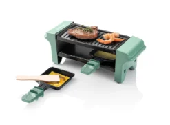 Bestron Raclette Für 1 Bis 2 Personen, Mini Tischgrill Mit Zwei Pfännchen Und Zwei Holzschabern, 350 Watt, Farbe: Grün/Schwarz
