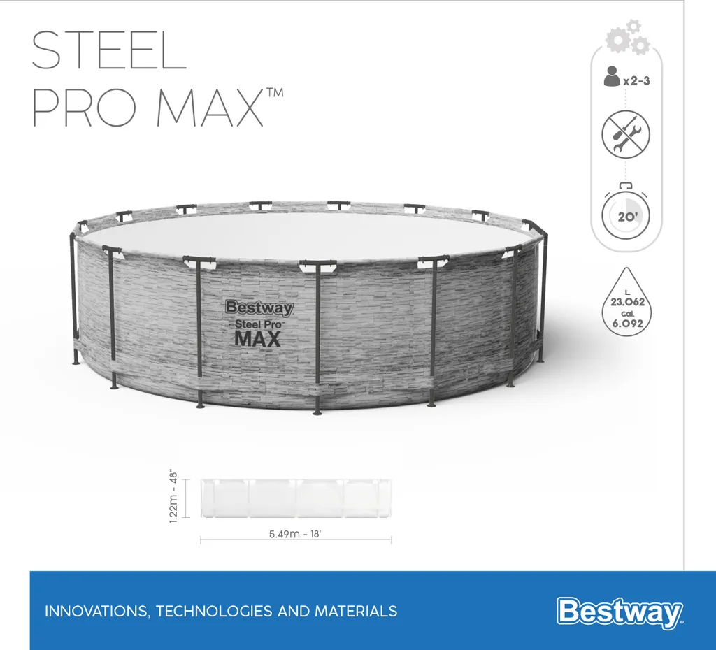 Bestway® Steel Pro MAX™ Aufstellpool Komplett-Set Mit Filterpumpe Ø 549 X 122 Cm, Steinwand-Optik (Cremegrau), Rund 17 Bestway® Steel Pro MAX™ Aufstellpool Komplett-Set Mit Filterpumpe Ø 549 X 122 Cm, Steinwand-Optik (Cremegrau), Rund – Bild 17