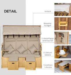 Outsunny Strandkorb 3-Sitzer Sonnenliege Mit Dach 2 Klapptischen Fußstütze Chaiselongue 5-stufige Rückenlehne XXL Polyrattan Natur 150 X 79 X 160 Cm -Grünwelt Exporteren Garten-Winkel 57a293f7f3627a094abc25ebcbd33830