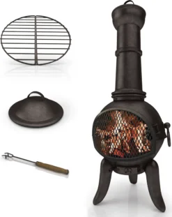 Jago® Terrassenofen Mit Funkenfluggitter - Aus Gußeisen Im Klassischen Design, 108cm Hoch, Inklusive Schürhaken, Funkenschutz - Vintage Gartenofen, Rustikaler Look, Gartenkamin, Feuerstelle, Feuerkorb