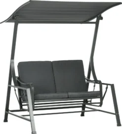 Outsunny Hollywoodschaukel, 2-Sitzer Gartenschaukel, Schaukelbank Mit Verstellbarem Sonnendach, Sitzkissen, Für Balkon, Dunkelgrau, Stahl, 148 X 129 X 172 Cm