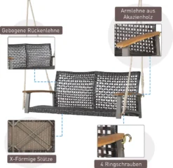 COSTWAY Schaukelbank 2-Sitzer, Hängebank PE-Rattan, Gartenschaukel Zum Aufhängen, Hollywoodschaukel Mit Akazienholz-Armlehnen, 360 Kg Belastbarkeit, Schaukel Für Terrasse & Garten & Balkon -Grünwelt Exporteren Garten-Winkel 5b40cd01c891e86de6684c591063d0d7