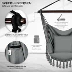 Tillvex Hängesessel Grau 2 Kissen Zum Aufhängen | Hängestuhl Mit Getränkehalter & Bücherfach | Hängesitz Wetterfest - Indoor & Outdoor | Hängekorb Mit Tragetasche Für Erwachsene & Kinder -Grünwelt Exporteren Garten-Winkel 5c7dc86b1259b7a71c5c9ccd0a30886d
