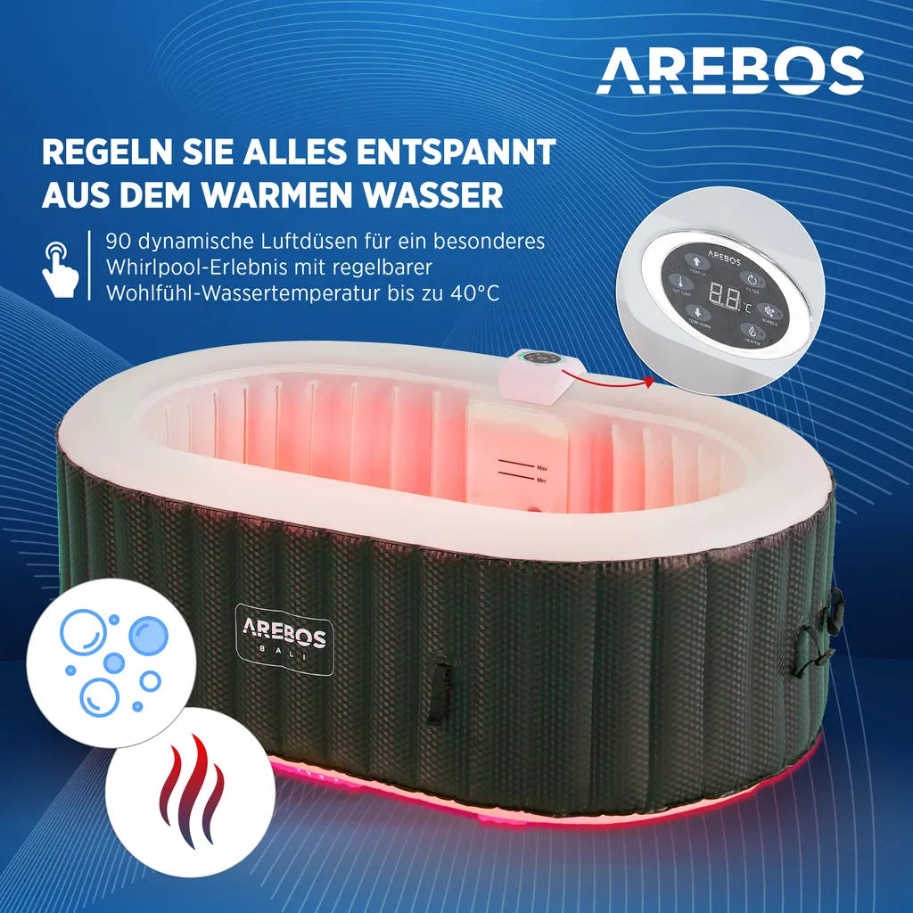 AREBOS Whirlpool Mit LED Beleuchtung, Aufblasbar, In- & Outdoor,190x120 Cm Oval, 2 Personen, 90 Massagedüsen, Mit Heizun, 550 Liter, Inkl. Abdeckung 3 AREBOS Whirlpool Mit LED Beleuchtung, Aufblasbar, In- & Outdoor,190x120 Cm Oval, 2 Personen, 90 Massagedüsen, Mit Heizun, 550 Liter, Inkl. Abdeckung – Bild 3