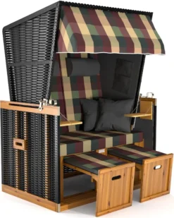 Sanzaro Strandkorb XL120 Cm Deluxe Zweisitzer Holz Und Poly-Rattan Volllieger 4 X Kissen Klappbare Rückenlehne 2 Personen Rot-Beige-Grün Karo