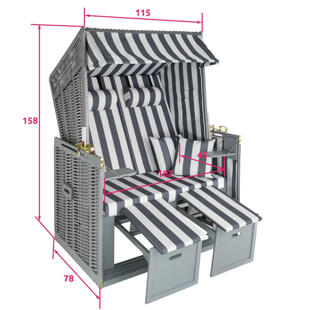 Tectake Strandkorb Mit Polster, Verstellbar, Inkl. Schutzhülle - Grau/weiß 6 Tectake Strandkorb Mit Polster, Verstellbar, Inkl. Schutzhülle - Grau/weiß – Bild 6