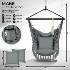 Tillvex Hängesessel Grau 2 Kissen Zum Aufhängen | Hängestuhl Mit Getränkehalter & Bücherfach | Hängesitz Wetterfest - Indoor & Outdoor | Hängekorb Mit Tragetasche Für Erwachsene & Kinder -Grünwelt Exporteren Garten-Winkel 61be6142c6094cf6554f4005e75fc986