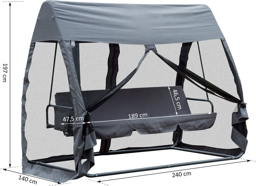 Outsunny Hollywoodschaukel Schaukelbank Gartenliege 3-Sitzer Mit Seitenwänden Grau 240x140x197cm 5 Outsunny Hollywoodschaukel Schaukelbank Gartenliege 3-Sitzer Mit Seitenwänden Grau 240x140x197cm – Bild 5