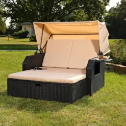 Mucola Sonnenbett Strandkorb Sonnenliege Rattan Bett Inkl. Dach Rattan - Schwarz Rattan Dach Rattan Strandkorb Liegebett Relaxliege