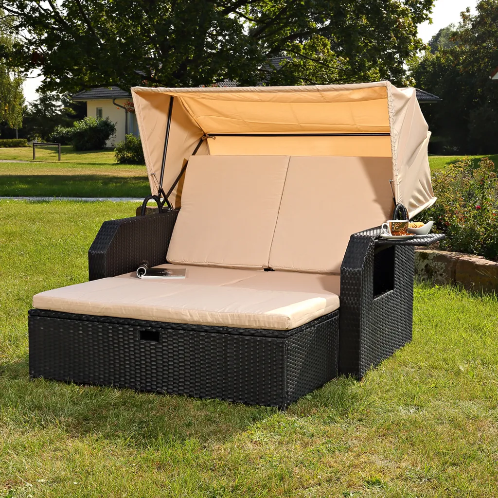 Mucola Sonnenbett Strandkorb Sonnenliege Rattan Bett Inkl. Dach Rattan - Schwarz Rattan Dach Rattan Strandkorb Liegebett Relaxliege 1 Mucola Sonnenbett Strandkorb Sonnenliege Rattan Bett Inkl. Dach Rattan - Schwarz Rattan Dach Rattan Strandkorb Liegebett Relaxliege