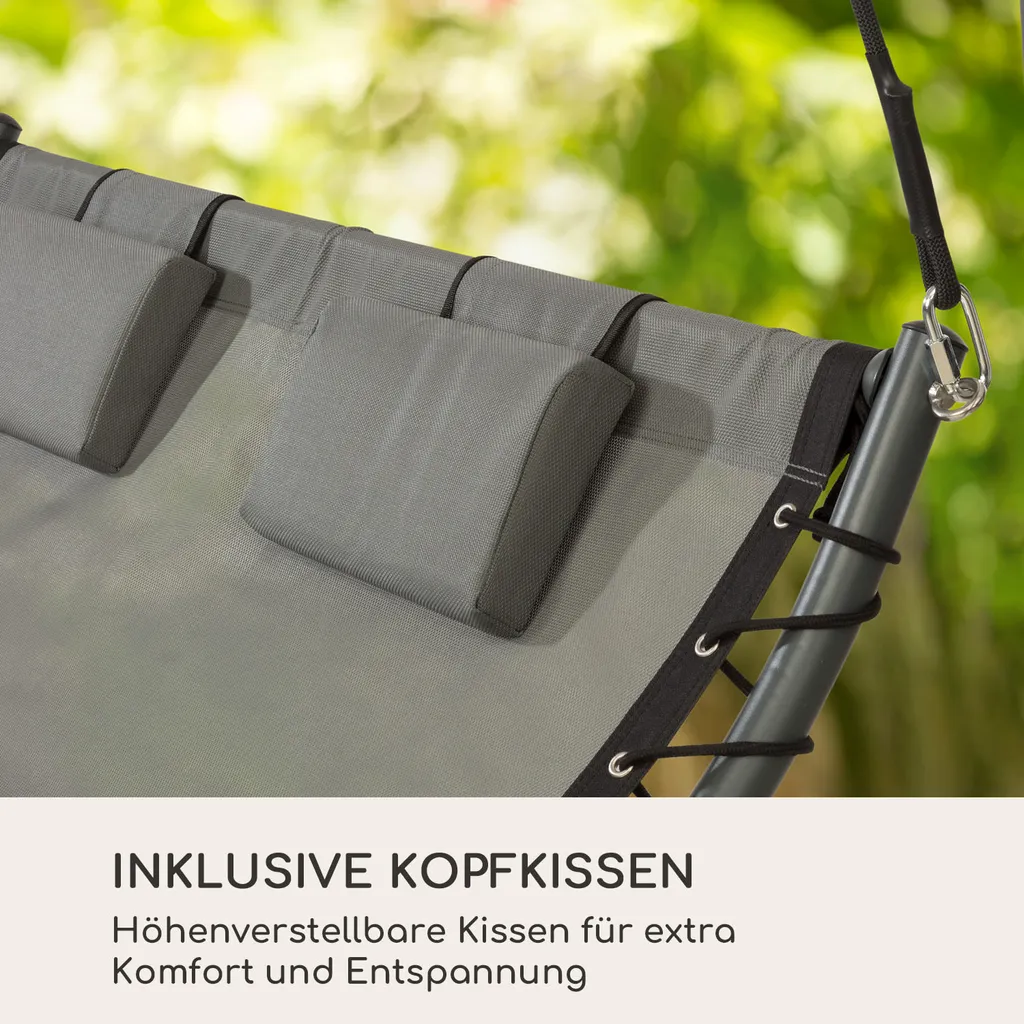 Blumfeldt Palermo - Doppel-Schaukel-Liege, Gartenliege, Stahlrahmen, Sonnendach: 200 X 144 Cm (BxT), Liegefläche: 130 X 207 Cm (BxT), Einfacher Aufbau, 2 Höhenverstellbare Kopfkissen, Grau 7 Blumfeldt Palermo - Doppel-Schaukel-Liege, Gartenliege, Stahlrahmen, Sonnendach: 200 X 144 Cm (BxT), Liegefläche: 130 X 207 Cm (BxT), Einfacher Aufbau, 2 Höhenverstellbare Kopfkissen, Grau – Bild 7