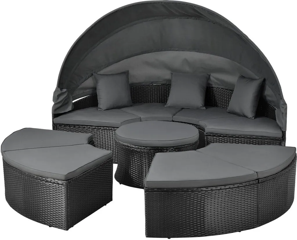 Juskys 2in1 XXL Polyrattan Sonneninsel & Sitzgruppe Puerto Plata – Set Mit Dach, Kissen, Tisch Und Hockern – Liegeinsel Lounge Wetterfest Garten 9 Juskys 2in1 XXL Polyrattan Sonneninsel & Sitzgruppe Puerto Plata – Set Mit Dach, Kissen, Tisch Und Hockern – Liegeinsel Lounge Wetterfest Garten – Bild 9