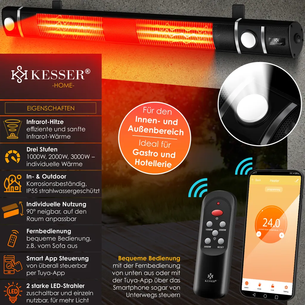 KESSER® Infrarot Heizstrahler 3000W IR-Gastro-Bar Inkl. LED Licht Terrassenstrahler Mit WiFi & Fernbedienung Inkl. Schutzhülle Infrarotstrahler Quarzstrahler Terrassenheizer Wand-Heizstrahler, Farbe:Schwarz 3 KESSER® Infrarot Heizstrahler 3000W IR-Gastro-Bar Inkl. LED Licht Terrassenstrahler Mit WiFi & Fernbedienung Inkl. Schutzhülle Infrarotstrahler Quarzstrahler Terrassenheizer Wand-Heizstrahler, Farbe:Schwarz – Bild 3