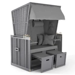 Sanzaro Strandkorb XL120 Cm Deluxe Zweisitzer Holz Und Poly-Rattan Sylt Ostsee Volllieger Inkl. 4 X Kissen Klappbare Rückenlehne 2 Personen Grau Uni