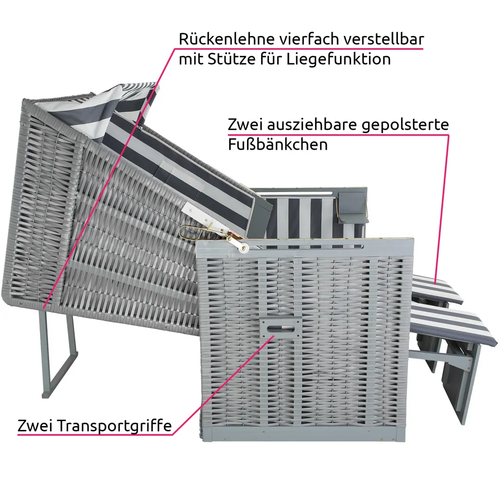 Tectake Strandkorb Mit Polster, Verstellbar, Inkl. Schutzhülle - Grau/weiß 5 Tectake Strandkorb Mit Polster, Verstellbar, Inkl. Schutzhülle - Grau/weiß – Bild 5