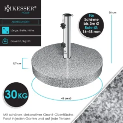 KESSER® Granit Sonnenschirmständer Mit Edelstahlrohr, Hochwertiger Schirmständer Sockel 25KG - Für Schirmstöcke Bis 16-48 Mm, Inkl. Transport Griff Garten Balkonschirmständer, Farbe:Grau, Größe:Rund -Grünwelt Exporteren Garten-Winkel 6b997a784ecb553e6c1244c8ccf2b0dd