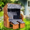 Strandkorb Ostsee XXL Volllieger 2 Sitzer - 120 Cm Breit - Blau Weiß Dick Gestreift Inklusive Schutzhülle, Ideal Für Garten Und Terrasse