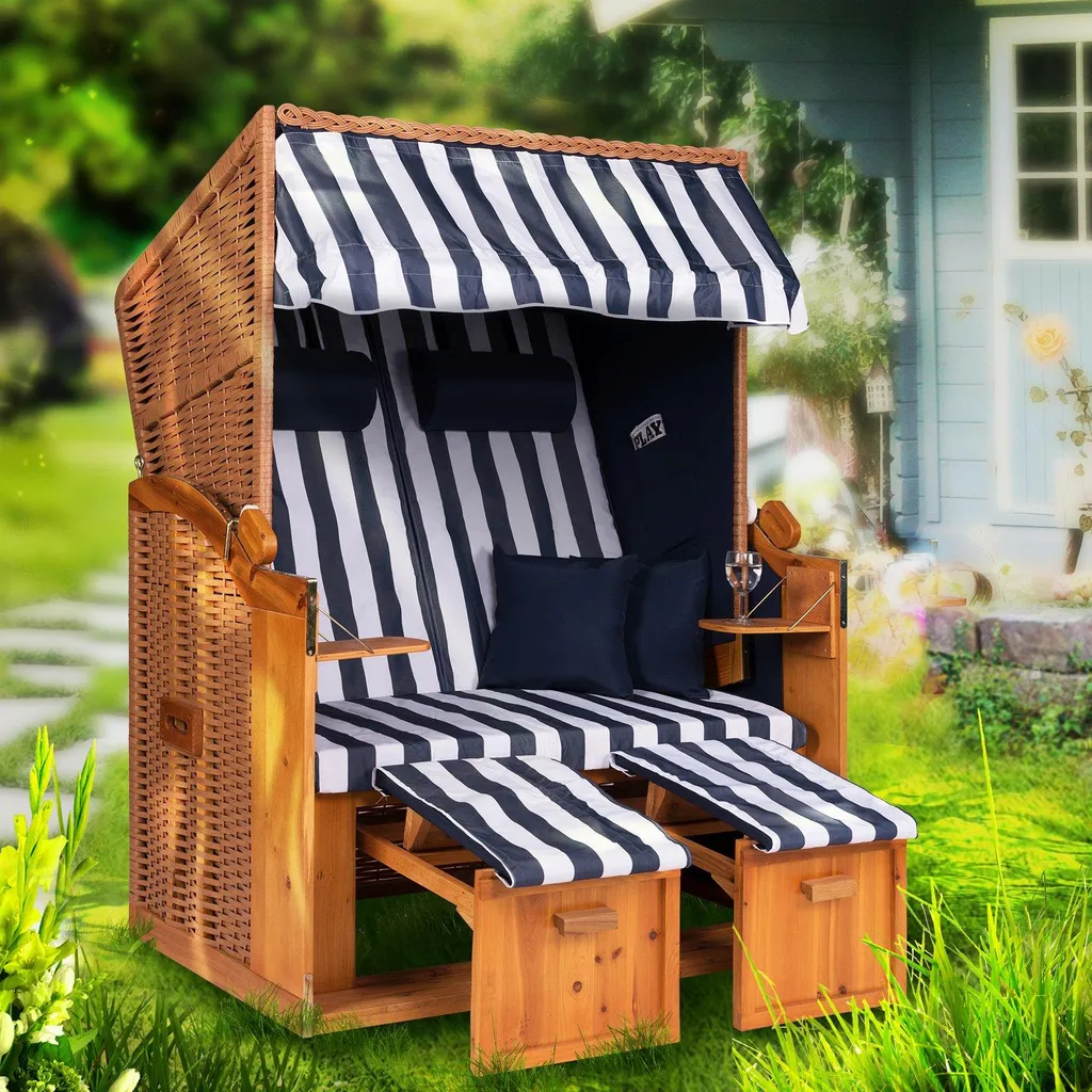 Strandkorb Ostsee XXL Volllieger 2 Sitzer - 120 Cm Breit - Blau Weiß Dick Gestreift Inklusive Schutzhülle, Ideal Für Garten Und Terrasse 1 Strandkorb Ostsee XXL Volllieger 2 Sitzer - 120 Cm Breit - Blau Weiß Dick Gestreift Inklusive Schutzhülle, Ideal Für Garten Und Terrasse