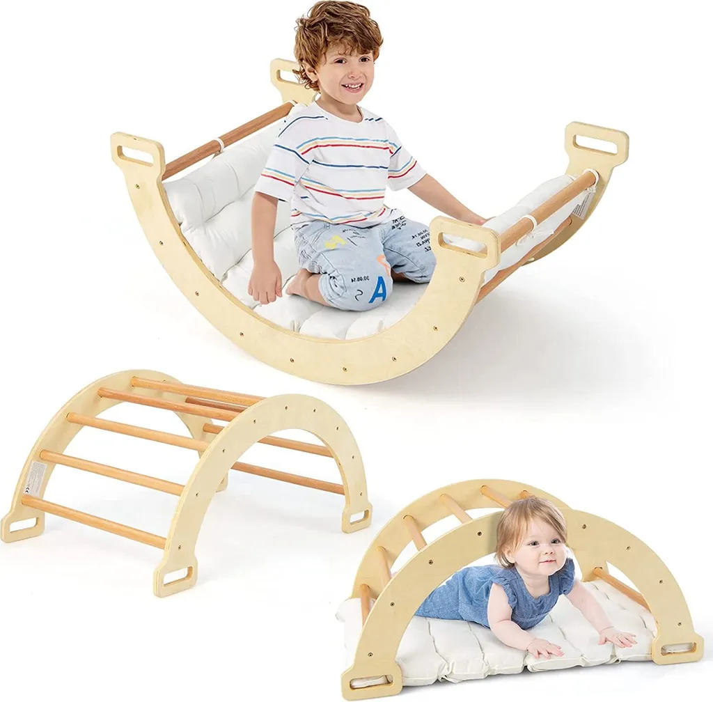 COSTWAY Bogen Mit Weichem Kissen, Kletterbogen Für Kinder Kleinkinder, Bogenwippe Aus Holz, Spielbogen Für Drinnen Und Draußen 1 COSTWAY Bogen Mit Weichem Kissen, Kletterbogen Für Kinder Kleinkinder, Bogenwippe Aus Holz, Spielbogen Für Drinnen Und Draußen