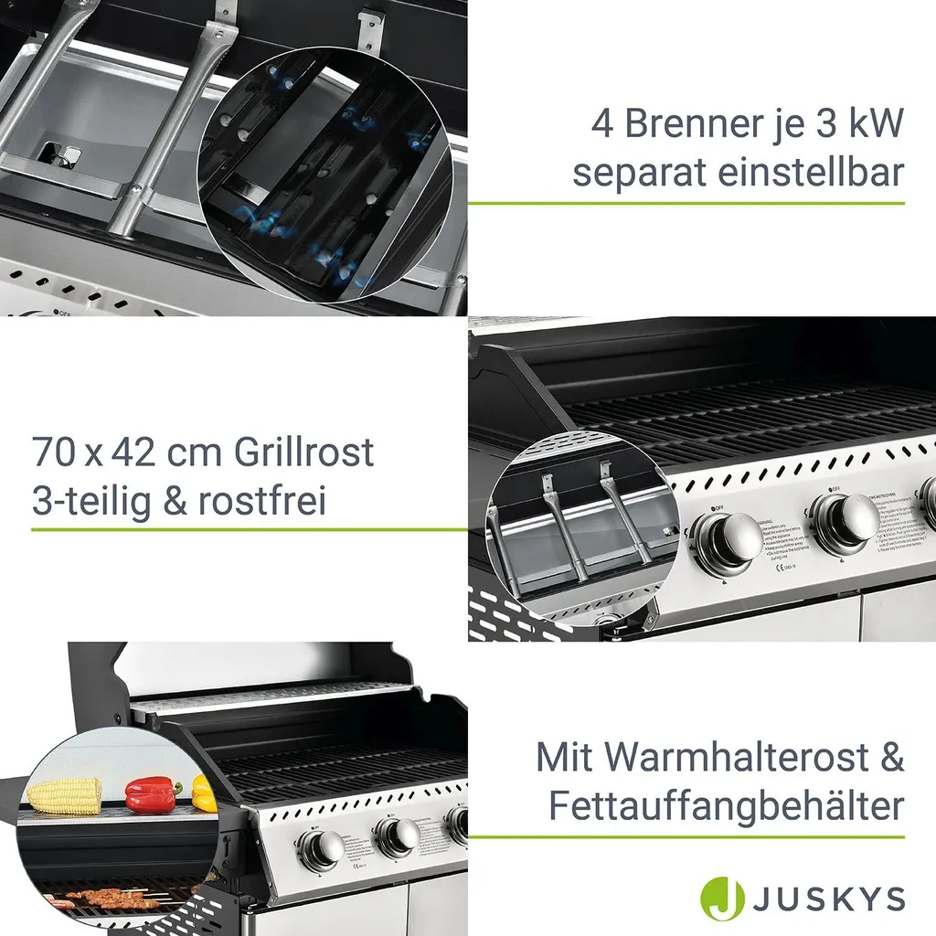 Juskys Gasgrill Kansas Mit 4 Brenner 12 KW, BBQ Grill Mit Gusseisen-Grillrost, Warmhalterost & Thermometer, XL Grillwagen 2 Seitenablagen & 4 Räder 4 Juskys Gasgrill Kansas Mit 4 Brenner 12 KW, BBQ Grill Mit Gusseisen-Grillrost, Warmhalterost & Thermometer, XL Grillwagen 2 Seitenablagen & 4 Räder – Bild 4