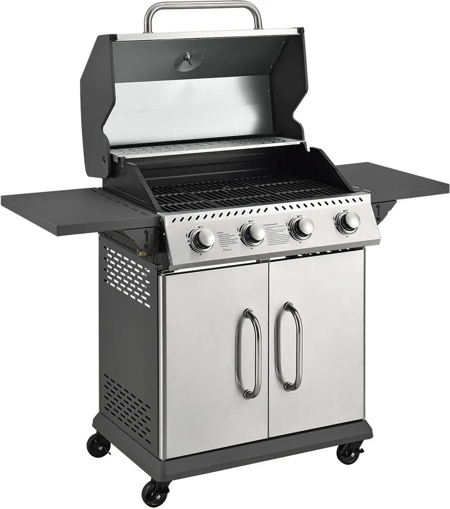 Juskys Gasgrill Kansas Mit 4 Brenner 12 KW, BBQ Grill Mit Gusseisen-Grillrost, Warmhalterost & Thermometer, XL Grillwagen 2 Seitenablagen & 4 Räder 6 Juskys Gasgrill Kansas Mit 4 Brenner 12 KW, BBQ Grill Mit Gusseisen-Grillrost, Warmhalterost & Thermometer, XL Grillwagen 2 Seitenablagen & 4 Räder – Bild 6