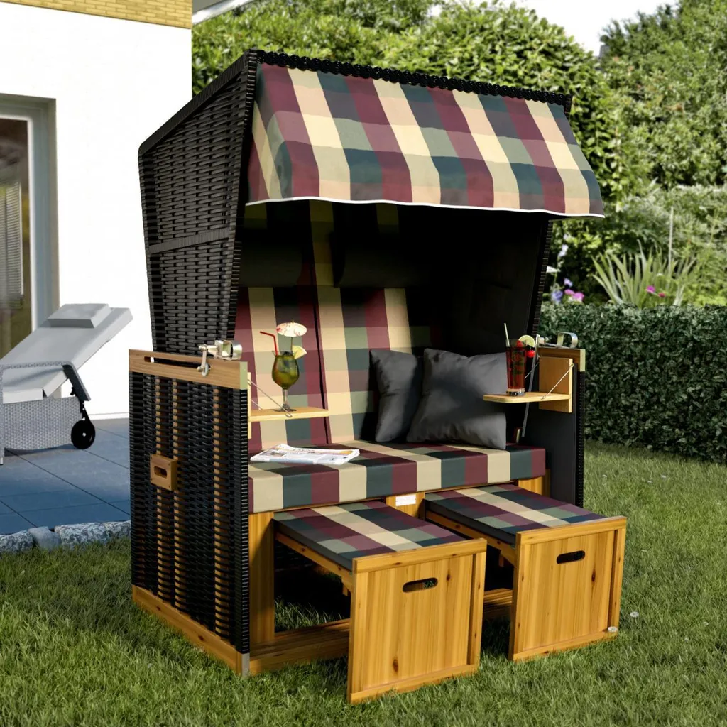 Sanzaro Strandkorb XL120 Cm Deluxe Zweisitzer Holz Und Poly-Rattan Volllieger 4 X Kissen Klappbare Rückenlehne 2 Personen Rot-Beige-Grün Karo 2 Sanzaro Strandkorb XL120 Cm Deluxe Zweisitzer Holz Und Poly-Rattan Volllieger 4 X Kissen Klappbare Rückenlehne 2 Personen Rot-Beige-Grün Karo – Bild 2