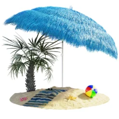 Kingsleeve Sonnenschirm Hawaii Ø 160 Cm Neigbar Höhenverstellbar Wasserabweisend Erdspieß Mehrfarbig Bastschirm Hawaiischirm Strandschirm Strandsonnenschirm, Farbe:blau - Blue - Bleu
