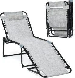 COSTWAY Klappbare Sonnenliege, Gartenliege 5 Stufen Verstellbar, Campingliege Klappbett, Liege Bett Bis 120 Kg Belastbar, Reiseliege Für Pool, Strand (Grau)