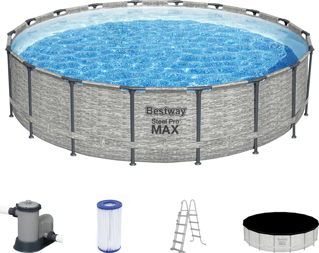 Bestway® Steel Pro MAX™ Aufstellpool Komplett-Set Mit Filterpumpe Ø 549 X 122 Cm, Steinwand-Optik (Cremegrau), Rund 4 Bestway® Steel Pro MAX™ Aufstellpool Komplett-Set Mit Filterpumpe Ø 549 X 122 Cm, Steinwand-Optik (Cremegrau), Rund – Bild 4