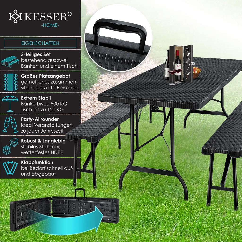 KESSER® Bierzeltgarnitur - 3-teilig Set, Tisch + 2 X Bank, Für Drinnen - Draußen, Klappbar, Tragegriffe, HxBxT: 73x180x75 Cm , Kunststoff, Rattan-Look Gartengarnitur , Klapptisch , Gartentisch, Farbe:Schwarz 3 KESSER® Bierzeltgarnitur - 3-teilig Set, Tisch + 2 X Bank, Für Drinnen - Draußen, Klappbar, Tragegriffe, HxBxT: 73x180x75 Cm , Kunststoff, Rattan-Look Gartengarnitur , Klapptisch , Gartentisch, Farbe:Schwarz – Bild 3