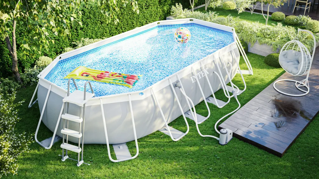 Intex Prism Frame Oval Swimming Pool 610x305x122 Cm Schwimmbecken 26798 Komplett-Set Mit Leiter & Pumpe Sowie Extra-Zubehör Wie: Strandball Und Luftmatratze 2 Intex Prism Frame Oval Swimming Pool 610x305x122 Cm Schwimmbecken 26798 Komplett-Set Mit Leiter & Pumpe Sowie Extra-Zubehör Wie: Strandball Und Luftmatratze – Bild 2