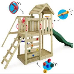 WICKEY Spielturm Klettergerüst MultiFlyer Holzdach Mit Schaukel & Rutsche, Kletterturm Mit Holzdach, Sandkasten, Leiter & Spiel-Zubehör - Grün -Grünwelt Exporteren Garten-Winkel 76d7440194d33af92ff475f381c87fbe