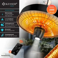 KESSER® Deckenheizstrahler Heizpilz Infrarot-Heizstrahler 2500W Terrassenstrahler Mit Fernbedienung Quarzstrahler | LED Licht | Decke | Infrarotstrahler | Mit Kette + Karabinerhaken Carbon-Heizelement, Farbe:Schwarz -Grünwelt Exporteren Garten-Winkel 773fc7c6e3e5f8ffc5fc9b473120b827