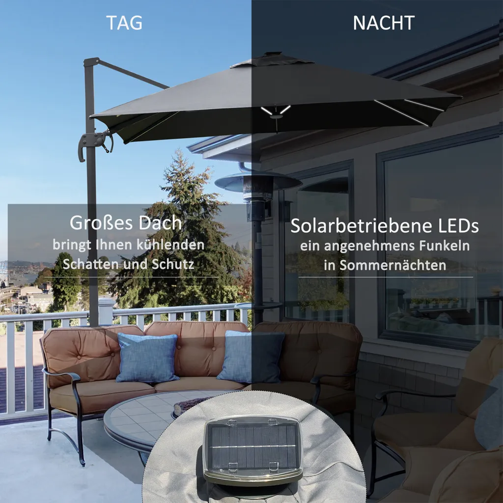 Outsunny Sonnenschirm 3x3m Ampelschirm Alu Roma Schirm Mit Solar-LED-Lichtern Neigbar Dunkelgrau 6 Outsunny Sonnenschirm 3x3m Ampelschirm Alu Roma Schirm Mit Solar-LED-Lichtern Neigbar Dunkelgrau – Bild 6