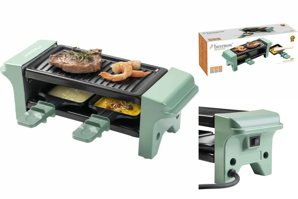 Bestron Raclette Für 1 Bis 2 Personen, Mini Tischgrill Mit Zwei Pfännchen Und Zwei Holzschabern, 350 Watt, Farbe: Grün/Schwarz 13 Bestron Raclette Für 1 Bis 2 Personen, Mini Tischgrill Mit Zwei Pfännchen Und Zwei Holzschabern, 350 Watt, Farbe: Grün/Schwarz – Bild 13