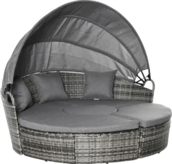 Outsunny Rattan Sonneninsel 5-teilige Loungegruppe Mit Sonnendach Sitzgruppe Mit Kissen Und Beistelltisch Höhenverstellbar Metall Grau 1785 X 10 X 147 Cm