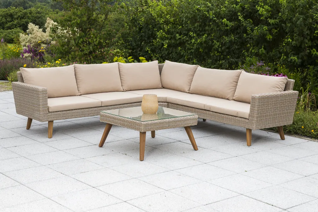 Merxx Eckset "Pamplona" - Aluminiumgestell Mit Kunststoffgeflecht Natur Und Akazie, Inkl. Kissen 1 Merxx Eckset "Pamplona" - Aluminiumgestell Mit Kunststoffgeflecht Natur Und Akazie, Inkl. Kissen