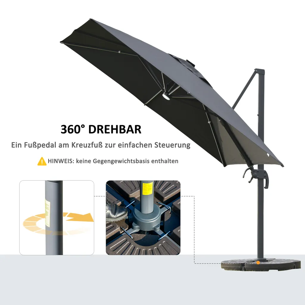 Outsunny Sonnenschirm 3x3m Ampelschirm Alu Roma Schirm Mit Solar-LED-Lichtern Neigbar Dunkelgrau 3 Outsunny Sonnenschirm 3x3m Ampelschirm Alu Roma Schirm Mit Solar-LED-Lichtern Neigbar Dunkelgrau – Bild 3