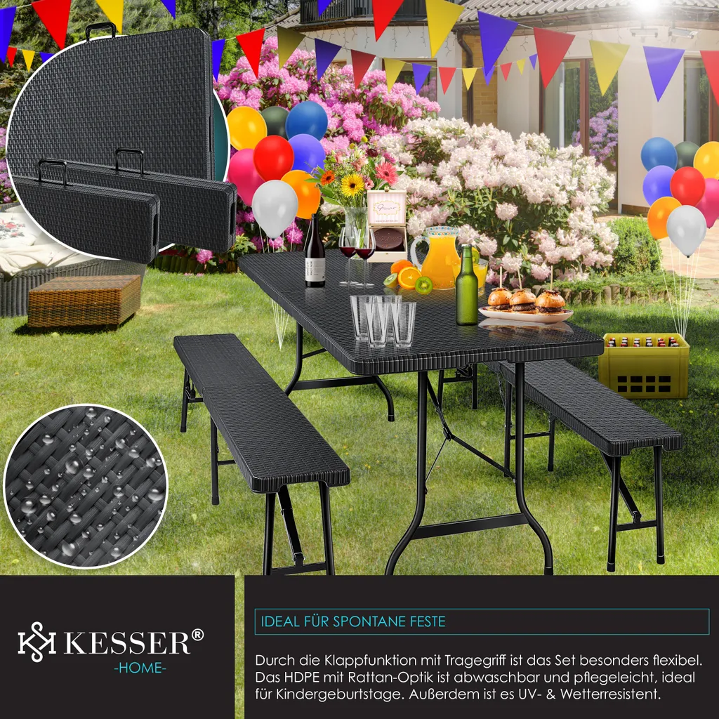 KESSER® Bierzeltgarnitur - 3-teilig Set, Tisch + 2 X Bank, Für Drinnen - Draußen, Klappbar, Tragegriffe, HxBxT: 73x180x75 Cm , Kunststoff, Rattan-Look Gartengarnitur , Klapptisch , Gartentisch, Farbe:Schwarz 6 KESSER® Bierzeltgarnitur - 3-teilig Set, Tisch + 2 X Bank, Für Drinnen - Draußen, Klappbar, Tragegriffe, HxBxT: 73x180x75 Cm , Kunststoff, Rattan-Look Gartengarnitur , Klapptisch , Gartentisch, Farbe:Schwarz – Bild 6
