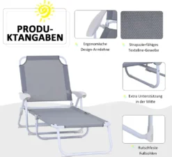 Outsunny Sonnenliege, Klappbare Strandliege, 4-stufige Gartenliege, Textil, Grau, 186 X 66 X 80 Cm