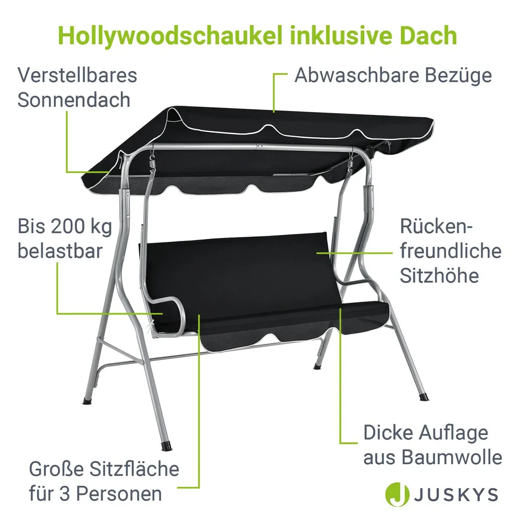 Juskys Hollywoodschaukel 3-Sitzer Mit Dach & Sitzauflage – Gartenschaukel 200 Kg Belastbar – Schaukelbank Für Garten & Terrasse - Schwarz 3 Juskys Hollywoodschaukel 3-Sitzer Mit Dach & Sitzauflage – Gartenschaukel 200 Kg Belastbar – Schaukelbank Für Garten & Terrasse - Schwarz – Bild 3