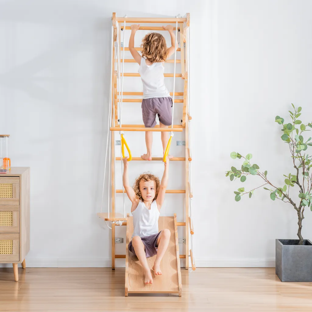 Merax 6-in-1 Multifunktions Kletterspielzeug Set Inkl. Rutsche Schaukel Klettergerüst Klimmzugsbereich Ringe Jungle Gym-Set, Indoor KlettergerüstSprossenwand Für Kinder, Massivholz, Natur 9 Merax 6-in-1 Multifunktions Kletterspielzeug Set Inkl. Rutsche Schaukel Klettergerüst Klimmzugsbereich Ringe Jungle Gym-Set, Indoor KlettergerüstSprossenwand Für Kinder, Massivholz, Natur – Bild 9