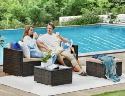 SONGMICS Lounge-Set, Balkonmöbel, Aus PE-Polyrattan, Mit Kissen Und Glastisch, Braun GGF005K03 -Grünwelt Exporteren Garten-Winkel 87e86563b85c461cb25b41c321a34b9e