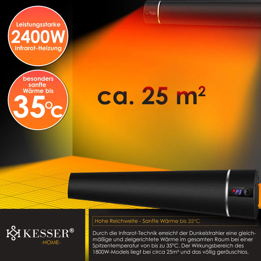 KESSER® Dunkelheizstrahler Heizstrahler Mit Fernbedienung & WiFi APP Terrassenheizer Infrarot-Heizstrahler Wand-Heizstrahler Schwarzstrahler Quarzstrahler Terrassenstrahler Balkonheizer Timer, Farbe:Schwarz, Größe:2400W 9 KESSER® Dunkelheizstrahler Heizstrahler Mit Fernbedienung & WiFi APP Terrassenheizer Infrarot-Heizstrahler Wand-Heizstrahler Schwarzstrahler Quarzstrahler Terrassenstrahler Balkonheizer Timer, Farbe:Schwarz, Größe:2400W – Bild 9