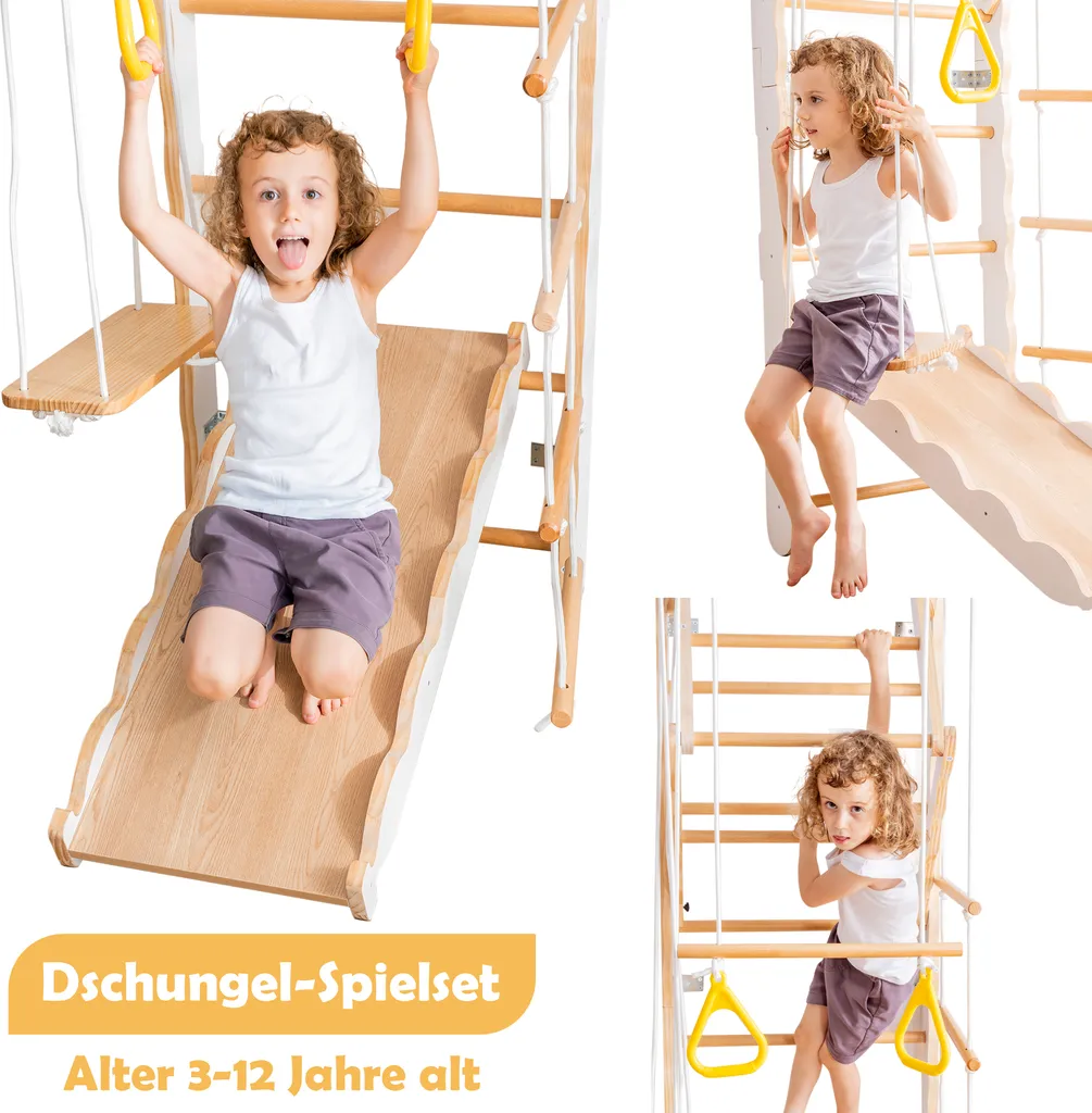Merax 6-in-1 Multifunktions Kletterspielzeug Set Inkl. Rutsche Schaukel Klettergerüst Klimmzugsbereich Ringe Jungle Gym-Set, Indoor KlettergerüstSprossenwand Für Kinder, Massivholz, Natur 5 Merax 6-in-1 Multifunktions Kletterspielzeug Set Inkl. Rutsche Schaukel Klettergerüst Klimmzugsbereich Ringe Jungle Gym-Set, Indoor KlettergerüstSprossenwand Für Kinder, Massivholz, Natur – Bild 5